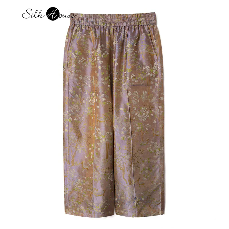 

2025 Women's Autumn New Deer Print Versatile Style Elastic Waist 100% Natural Mulberry Silk Shu Brocade Casual Straight Pants