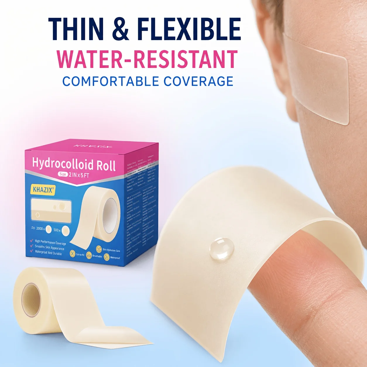 1roll Self-adhesive water-based colloid acne patch roll, anti-stain, reduces friction, water-resistant and breathable.