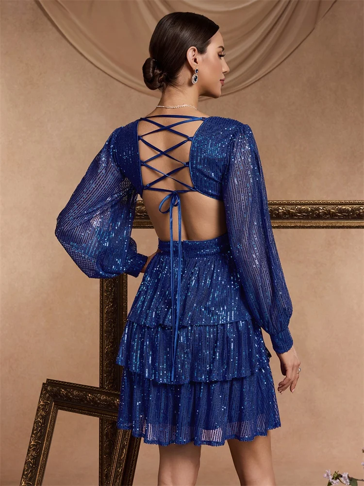 Luxury Royal Blue Stretch Sequin Evening Night Dresses Full Sleeve Deep V-neck Party Dress Formal Gown Cocktail Graduation Gowns