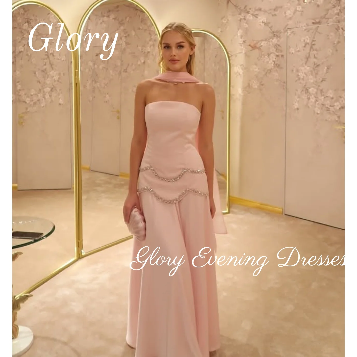

Pink Crystal Strapless Prom Dresses Long Women Floor Length Evening Dresses Formal Wedding Party Dresses customized Saudi