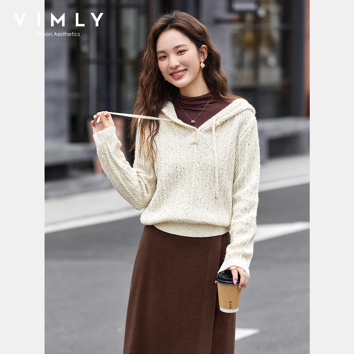 VIMLY Aprikosen-Kapuzenpullover Herbst 2025, neuer lässiger Strickpullover mit Kordelzug, eleganter Langarm-Tops für Damen 75090