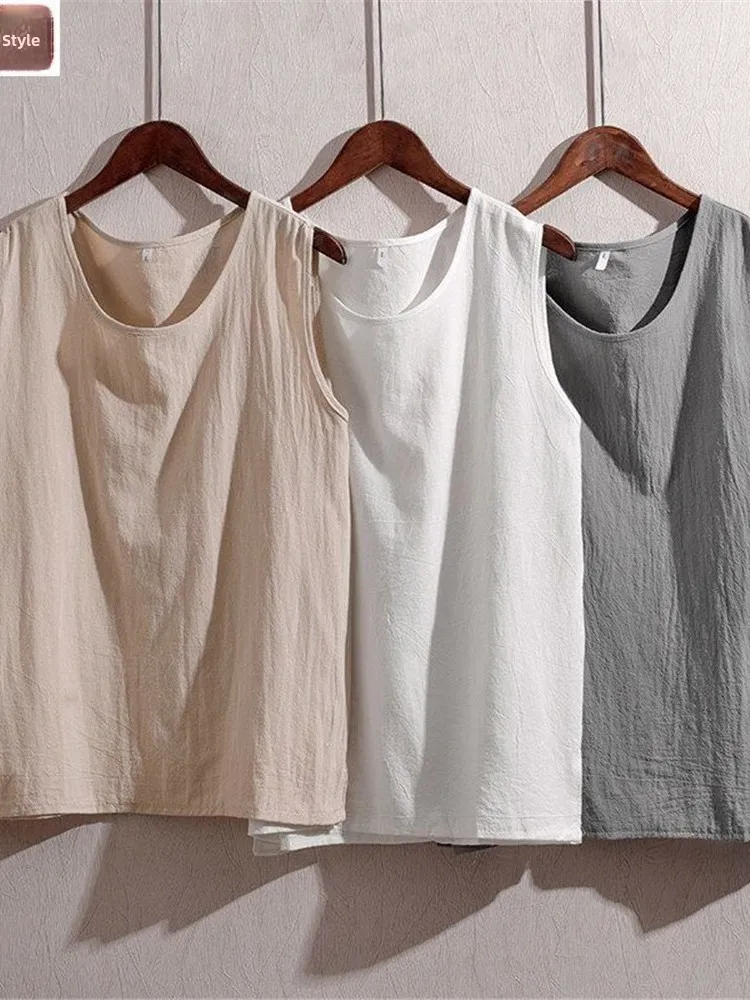 Summer Loose Cotton Linen Sleeveless Vest Men's Style Thin Linen Sweatshirt Tank Top Breathable Lightweight round Neck Design