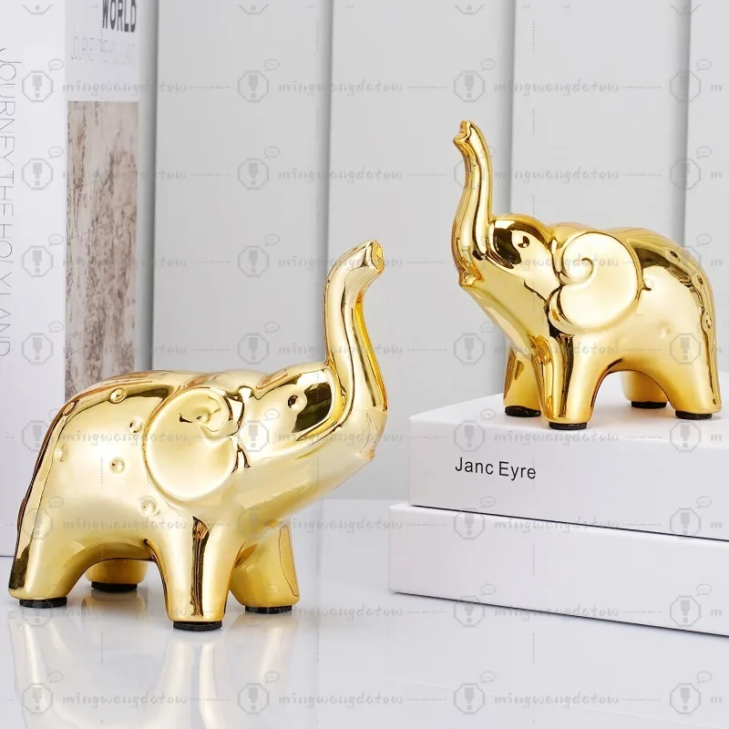 1 Pair Mini Ceramic Elephant Lucky Ornament Golden Silver Animal Sculpture Crafts Figurine Desktop Decoration Birthday Gift