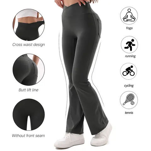 Leggings svasati con vita a V incrociati Pantaloni da yoga con controllo della pancia a vita alta da donna Pantaloni da allenamento fitness per palestra a gamba larga Bootcut