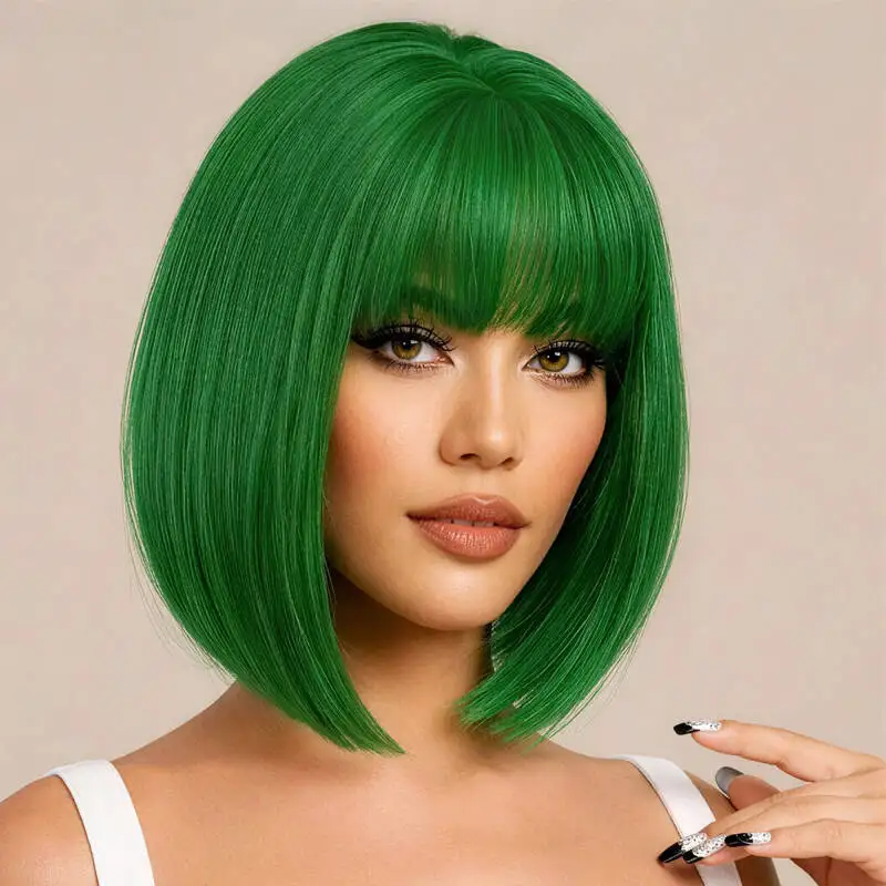 12-inch synthetic high-saturation green straight wig, thick and blunt bangs, colorful short hair, creating a trendy girly look.
