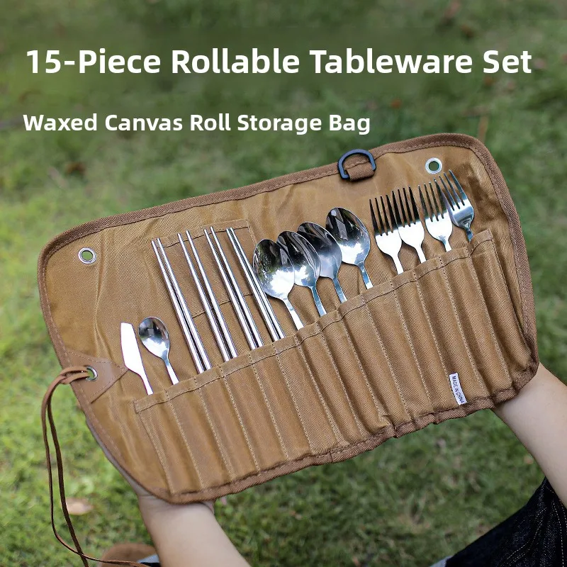 

Уличный обеденный набор из нержавеющей стали с холщовой сумкой для хранения яичного рулета, сумка для хранения Cam Gear, посуда, вилка, ложка, чоптелс