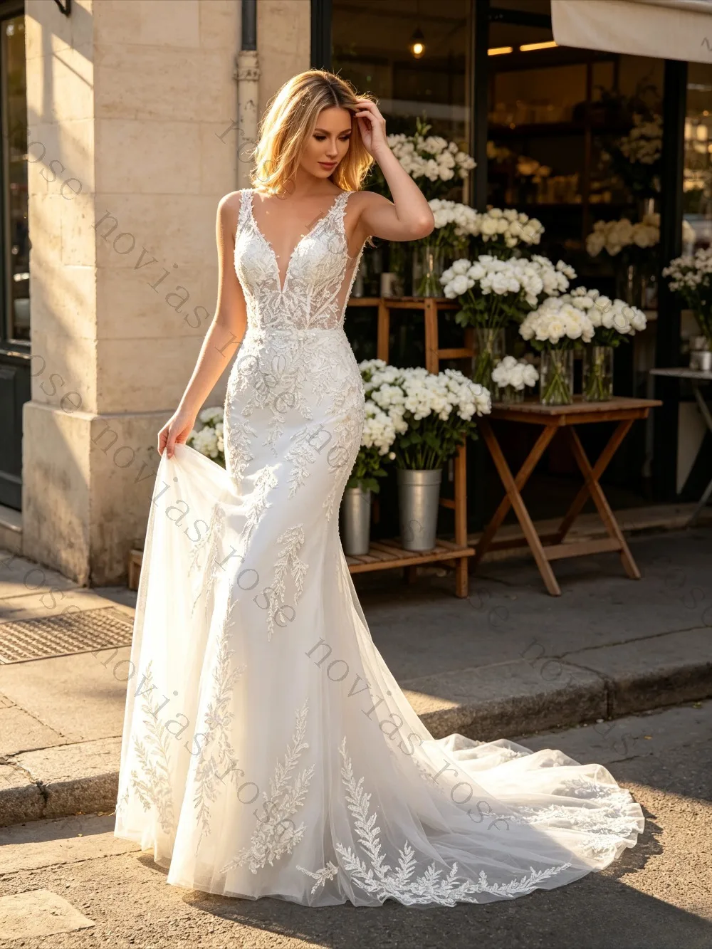 Customized White Mermaid Wedding Dress with Deep V-Neck and Sleeveless Design Elegant Sheer Bodice Bridal Gown with Court Train