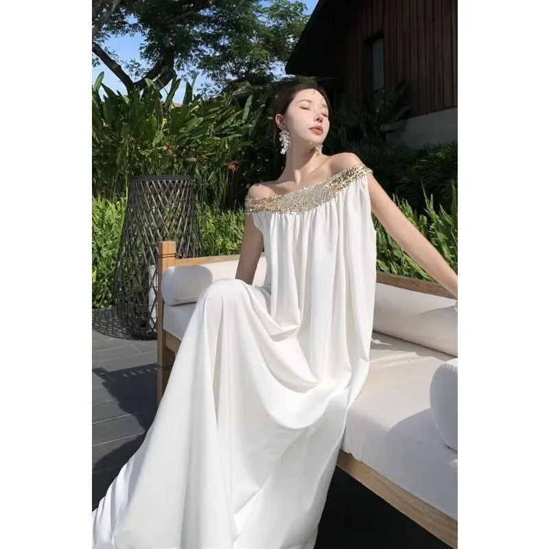 

2025 Design Sense Straight Neck Dress Women's Summer Niche Design Sense Loose Sleeveless Sequin Bandeau Long Dress