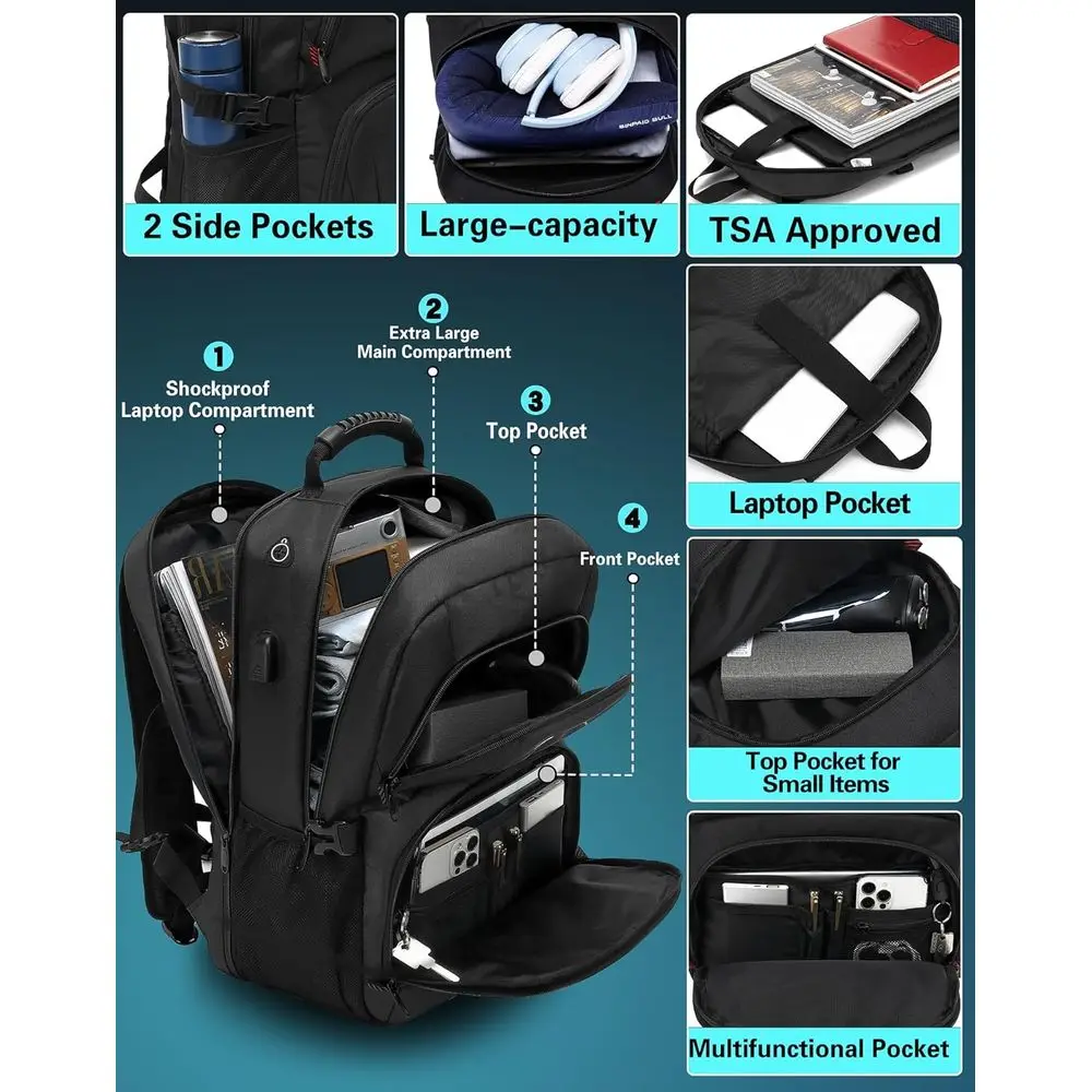 Mochila grande antirrobo para portátil para 17 portátiles, carga USB, aprobada por TSA, ideal para la universidad y el trabajo (negro)