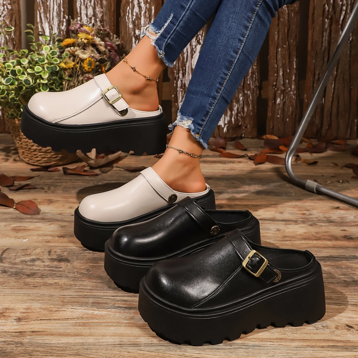 

Женские нескользящие тапочки на толстой подошве, весна-осень 2023, новые удобные сандалии из искусственной кожи с круглым носком и толстым каблуком