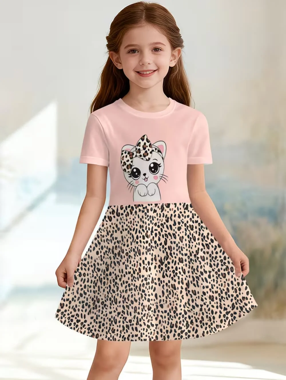 Summer Girl Dress Fake Two Piece Short Sleeve Dress for Girls Floral Skirt Daily Casual Cute Round Neck T-Shirt Princess Dresses
