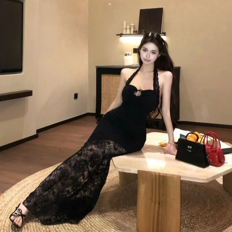 

Lace Spliced backless Neck Halter Dress for Women in Summer Black Slim Pure Waistband Long Skirt
