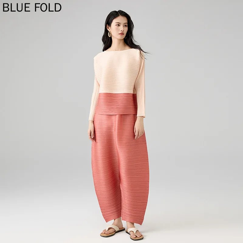 MIYAKE PLEATS-Conjunto de bloqueo de Color, moda de primavera, cuello redondo, diseño de cordón, pantalones bombachos informales sueltos, conjunto de dos piezas