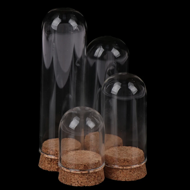 1pcs Doll house Glass Dome Display Wood Cork Bell Jar Cover Cloche Display With Wooden Base Height Table Decoation Craft