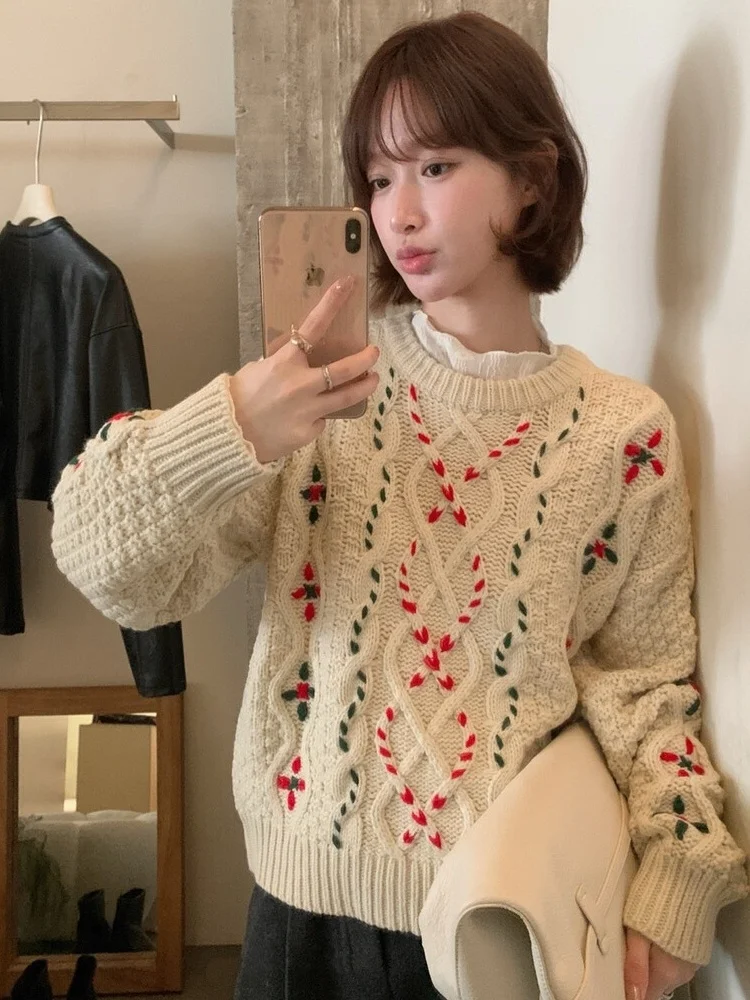 

Корейский вязаный свитер с узором Sle Cisas, женский теплый круглый свитер Ne, зимнее новое поступление с вышивкой