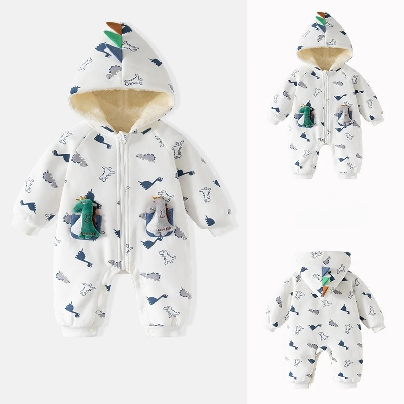 0-24M Winter Thick Baby Romper Newborn Boy Girl Warm Clothes Long Sleeve Hooded Dinosaur Jumpsuit Cute Sweet Outfit