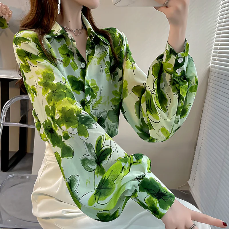 Retro Shirts Women Lantern Sleeve Design Chic Print Harajuku High Street All-match Elegant Classic Blusas De Mujer Autumn Lady