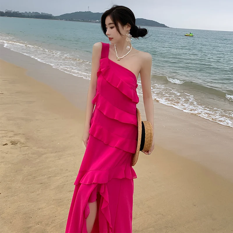 

Elegant Beach Party Ruffles Long Dresses for Women 2024 Summer New Korean Fashion Sexy Sleeveless Split Holiday Female Clothing