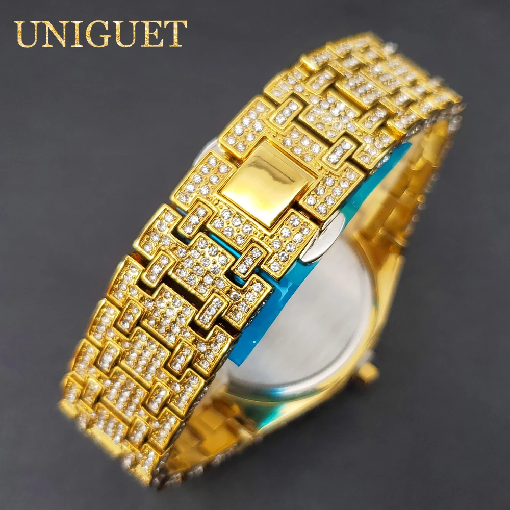 Gold Watch For Men Full Diamond Hip Hop Iced Out Men\'s Watches Blue Number Calendar Waterproof Octagonal Luxury Wristwatches