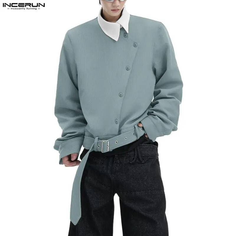INCERUN Men Shirt Patchwork Lapel Long Sleeve Button Casual Men Clothing Streetwear Loose Korean Style Fashion Tops Male Shirts