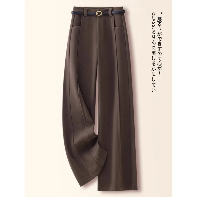 سراويل صوفية زرقاء داكنة للنساء والشتاء، مقاس نحيف أنيق، سراويل مستقيمة فضفاضة غير رسمية