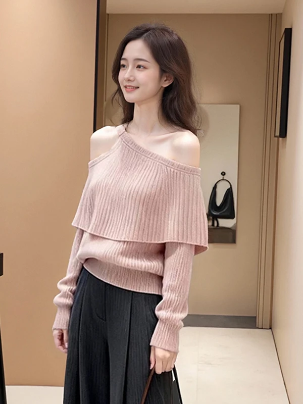 Korean Style Pink Knitted Sweater Shoulder Bared Long Sleeve Inner Wear Fake Two-Piece Casual Daily Women's Fashion 2026 Spring
