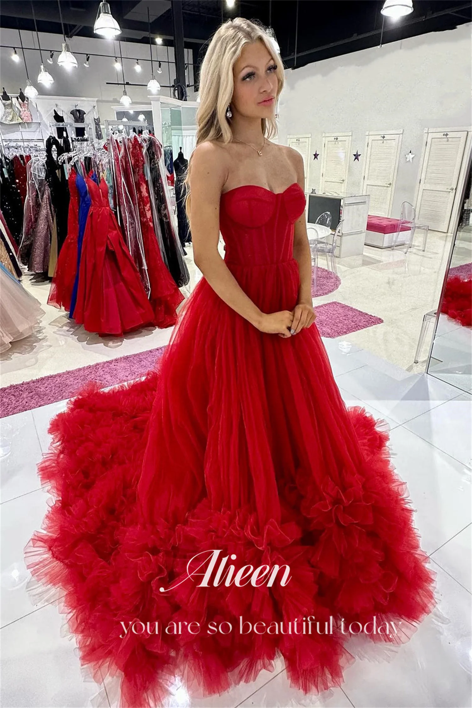 Red Mesh Multi-layer Sweetheart Evening Dresses Luxury Customized Suitable Request Wedding Dress Women\'s Gala Party Graduation