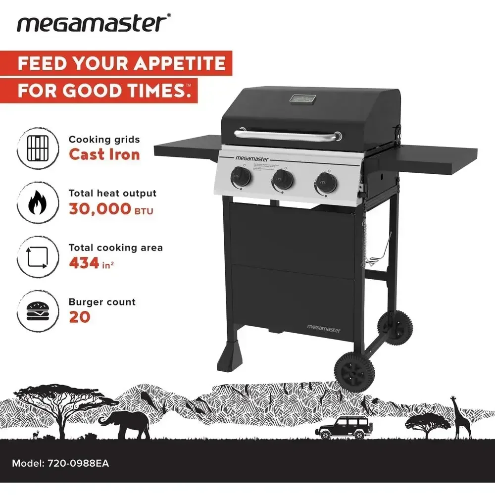 3-Burner Propane Gas Grill with Side Tables, 30,000 BTUs, 429.81 sq. in. Cooking Area, Stainless Steel Panel, Outdoor Kitchen BB