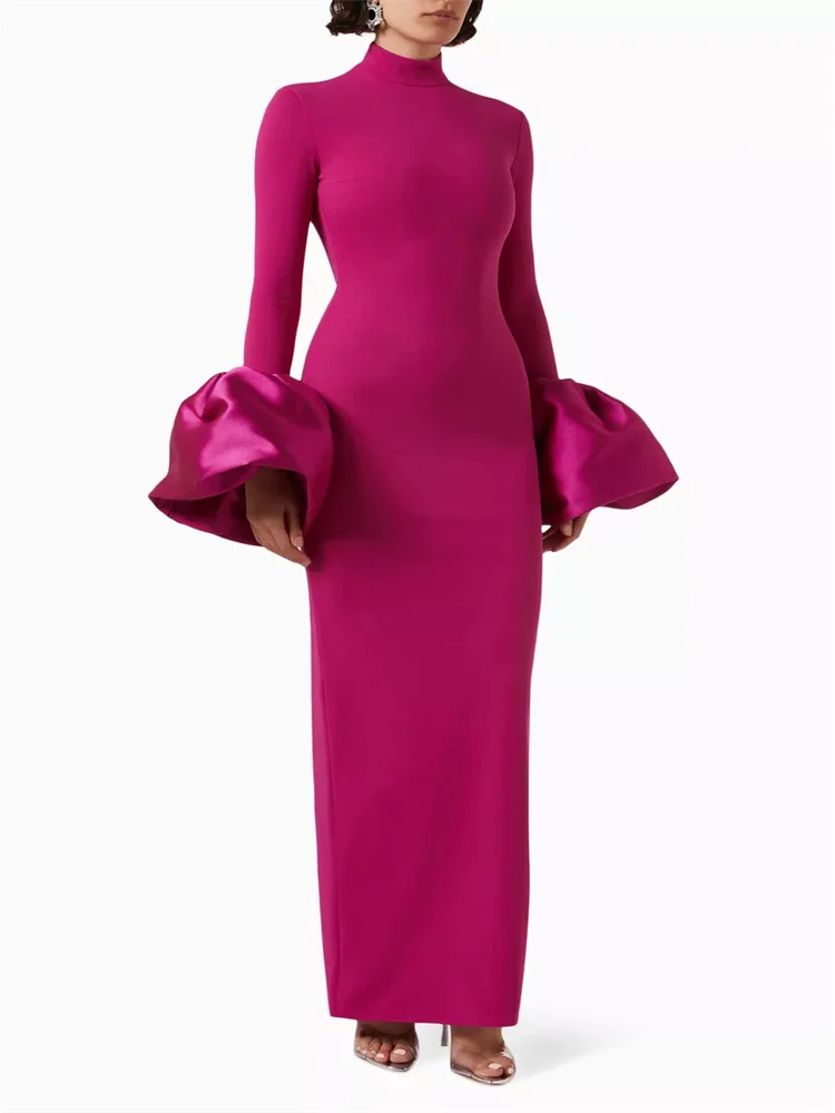 New Arrival High Neckline Long Sleeves With Flared Cuffs Sheath Satin Evening Dress Back Zipper Floor Length Gown For Women 2024