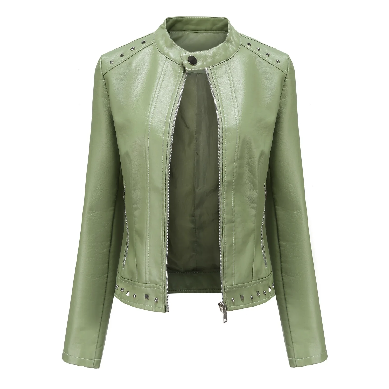 2026 Women's Large Rivet Leather Coat, Spring and Autumn, Stand Neck, Punk Rock, Gothic, Leather jacket top for women's clothing