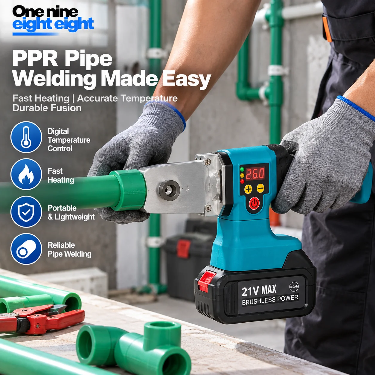 One Nine Eight Eight Cordless Pipe Fusion Welder Digital Temperature Control Portable PPR Pipe Welding Machine Compatible with M
