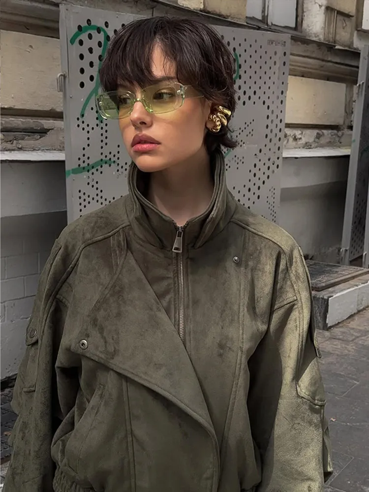 

Green Women's Short Zipper Jacket Fashion Stand Collar Belt Long Sleeves Coat Casual 2025 Autumn New High Street Lady Outwears