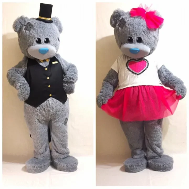 

Cartoon Couple Teddy Bear Grey Bear Mascot Costume Teddy Bear Walking Doll Clothes Halloween Christmas Outfits