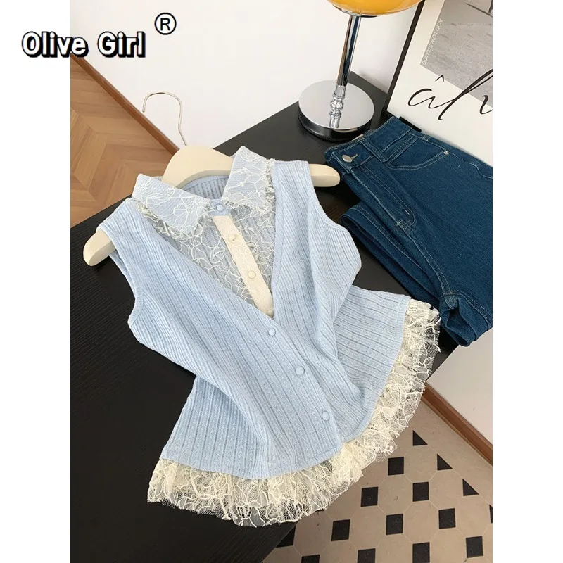 Olivegirl Hotsweet T-Shirt Mock Two-Piece Lace-Trimmed Vest Women's Clothing Summer Fashion Flattering High-Neck Sleeveless Top