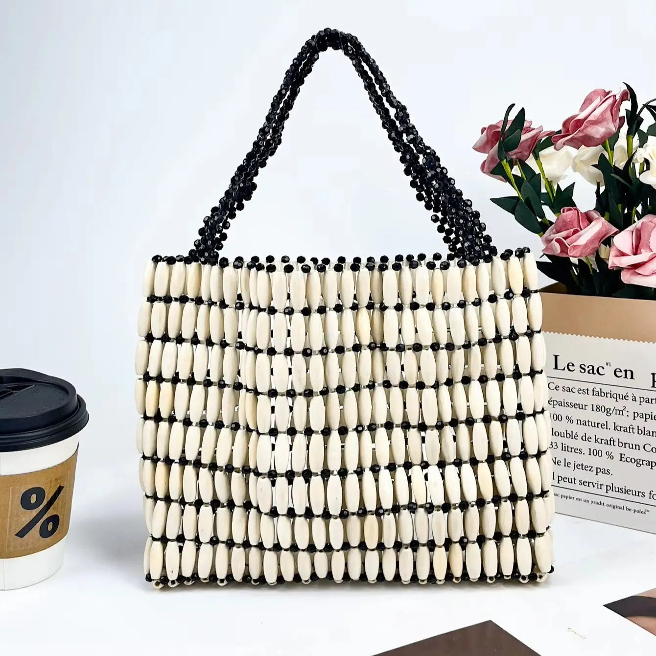 Handmade Wooden Beaded Bag Small Tote Bag Woven Handbag Clutch Purses for Women 2026