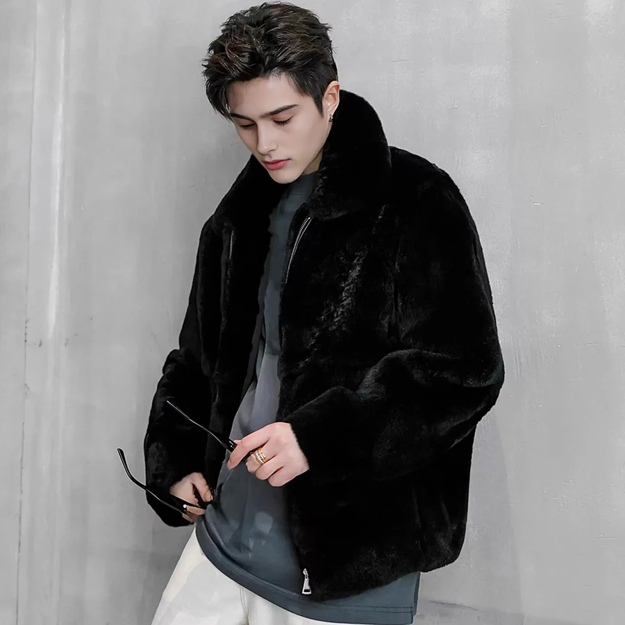 

Chichilla Rex Rabbit Pelt Coats Mens Black Rabbit Fur Coats With Collar Furry Jacket Hot Selling Real Fur Zippered Jacket
