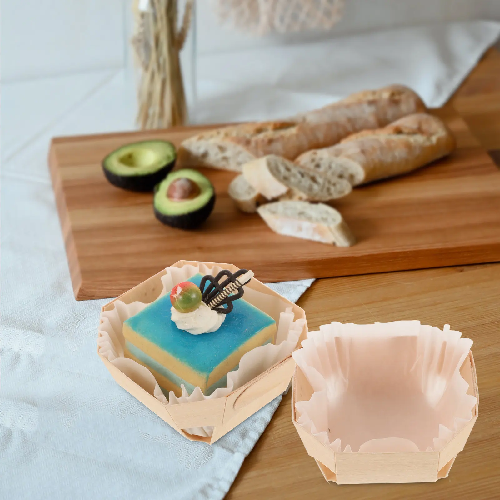 1Set Wooden Tray Paper Loaf Pans Set Small Baking Mold for Cupcakes Muffins Mini Cakes Oven Safe Disposable Bread Holder Loaf