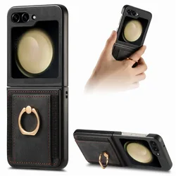 Vintage PU Leather Magnetic Phone Case for Samsung Galaxy Z Flip 5 4 Flip5 Flip4 Ring Wallet with Card Holder Shockproof Cover