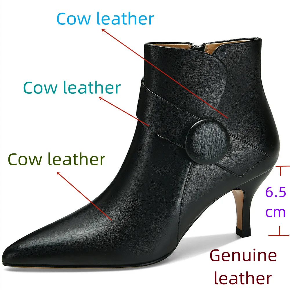 【JOCHEBED HU】Women Thin High Heel Genuine Leather Ankle Boots Fashion Zipper Boots Comfort Pointed Toe Buckle Fall Winter 33-40