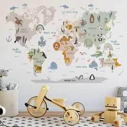 Large Cartoon World Map Wall Stickers Animals Watercolor Kids Room Baby Vinyl Nursery Art Decals for Babys Girls Room Home Decor