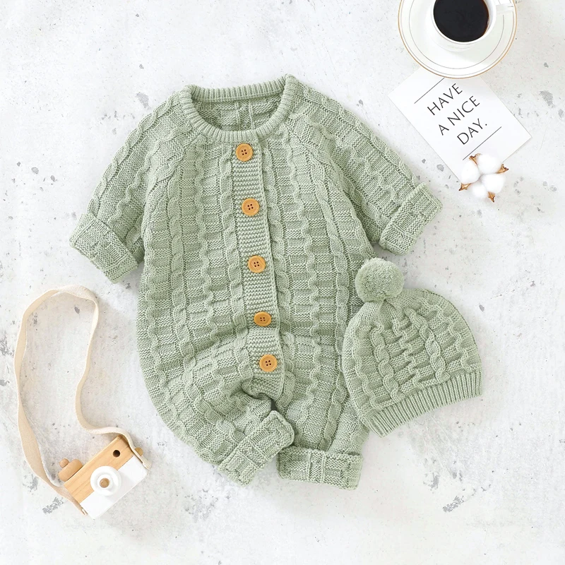 

Winter Baby Rompers Clothes Solid Long Sleeve Knitted Newborn Boys Girls Jumpsuits Hats Outfits Sets 0-18m Autumn Infant Costume