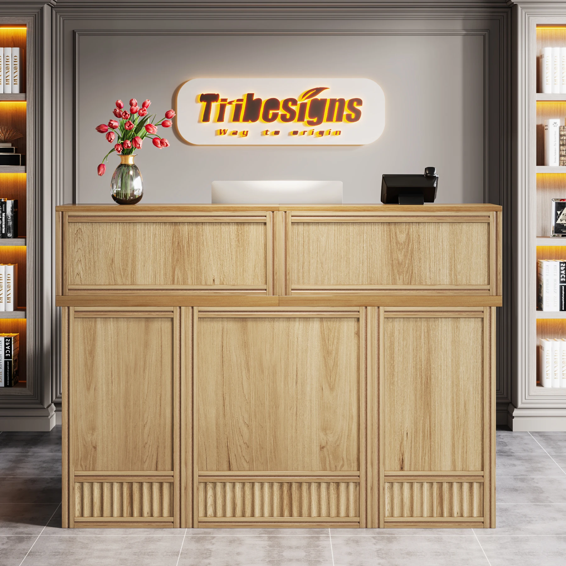 Tribesigns Reception Desk with Counter, 57-Inch Rustic Front Receptionist Table, Boho Welcome Desk Checkout Counter for Office