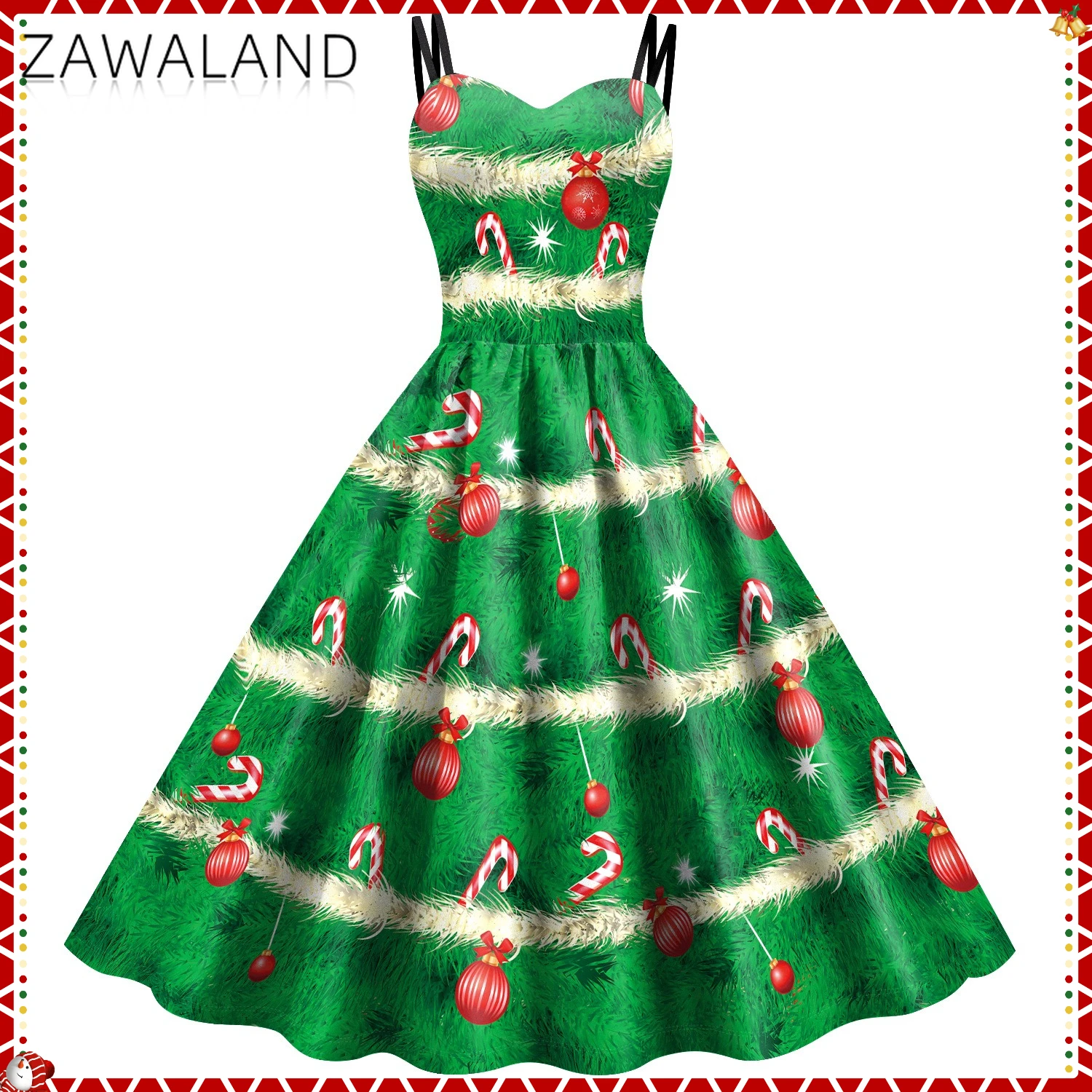 

Christmas Tree Cosplay Slip Dress Candy Cane Pattern A-line Dresses Woman Festival Party Dress Up Costume Xmas Sleeveless Outfit