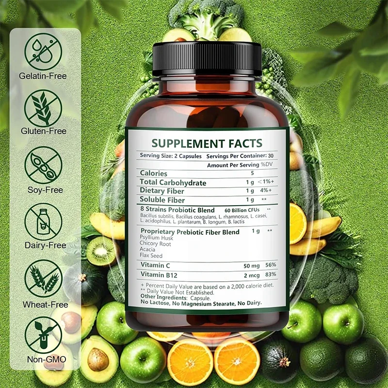 Probiotic Fiber Supplements Promote Digestive Health and Help with Occasional Constipation. 60 Capsules of Vegetables