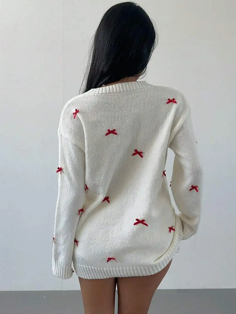 

Women White V-Neck Sweater With Red Bow Decoration Autumn Winter Casual Holiday Outfit