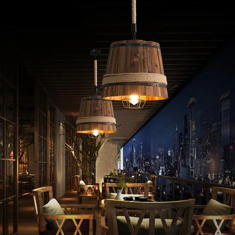 

American Retro Loft Barrel Light Industrial Creative Dining Room Cafe Restaurant Light Adjustable Chandelier Wood Drolight