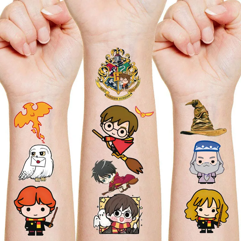 Autocollants de tatouage Poudlard pour enfants, dessin animé mignon, école magique Rons Hermiones, décoration de fête d\'anniversaire pour enfants,