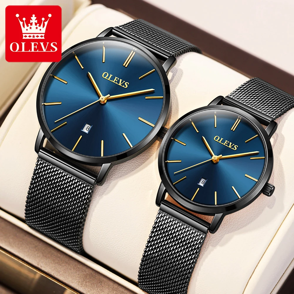 OLEVS 5869 Ultra sottile 6.5mm coppia di orologi al quarzo per uomo donna cinturino in rete impermeabile data automatica orologi da polso minimalisti amante