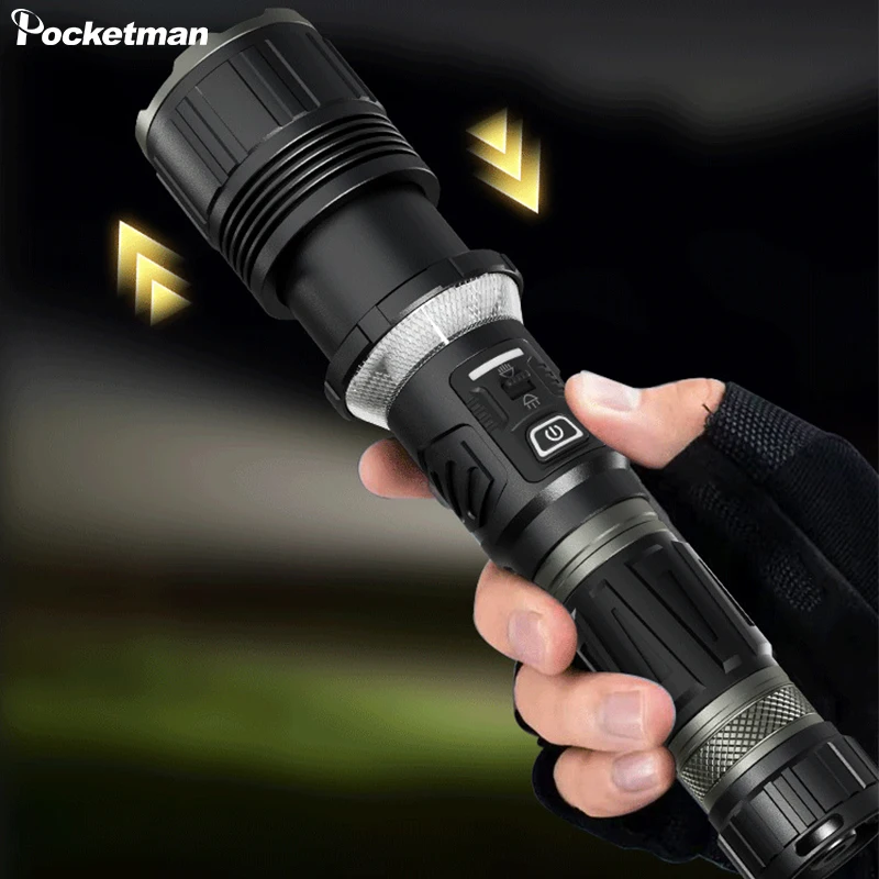 Powerful 50W LED+16*LED Side Light Long Range Flashlight Type-C USB Rechargeable Flashlights Telescopic Zoom Torch