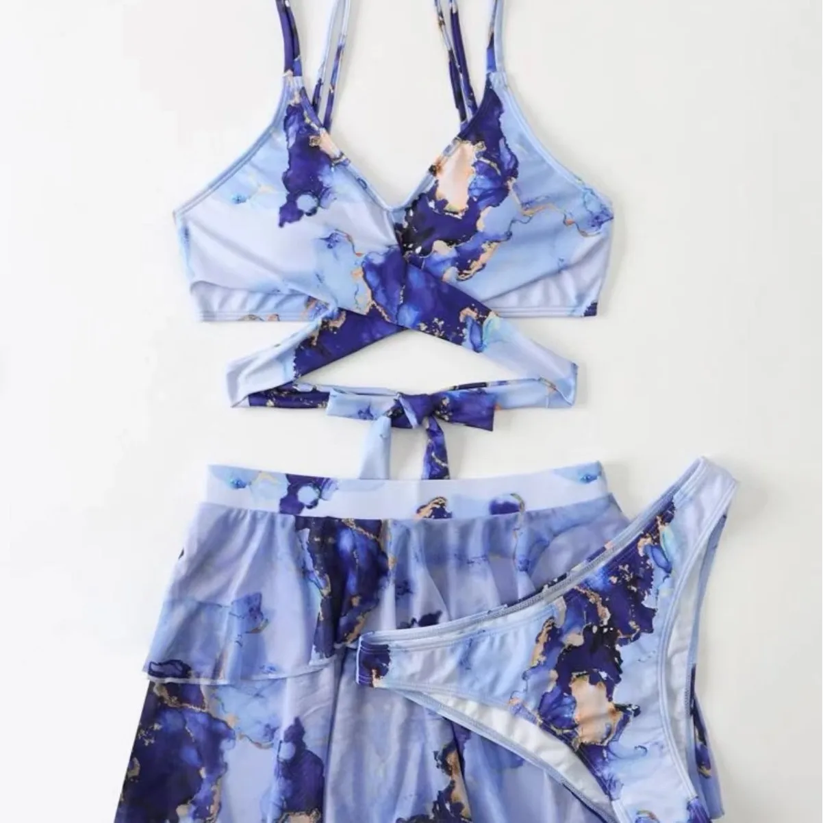 Damski strój kąpielowy 3-częściowy: bikini, spódniczka, wzór marmuru, seksowne wiązanie krzyżowe, lato 2025